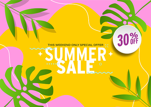 Summer sale illustration with tropical leaves background. Promotion banner, flyer and poster