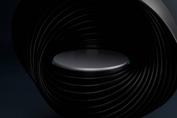 istock 3D rendering of a floating metallic bowl-like shape made up of an array of overlapping black plates 1454643480