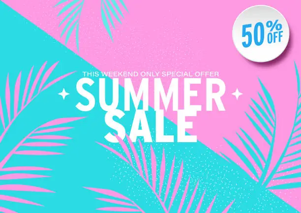 Vector illustration of Summer sale illustration with tropical leaves background. Promotion banner, flyer and poster