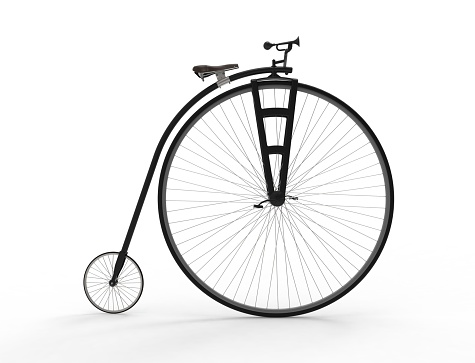 A 3D rendering of a vintage velocipede isolated on white background