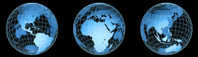 Set of wireframe earth globes with meridians, parallels and continents.
