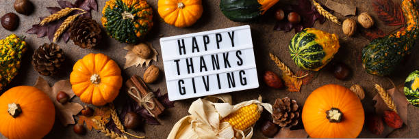 istock Autumn fall thanksgiving day composition with decorative pumpkins, banner 1454644468