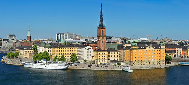 daytime panoramic view of the Stockholm skyline featuring Gamla stan and Riddarholmen (Sweden).