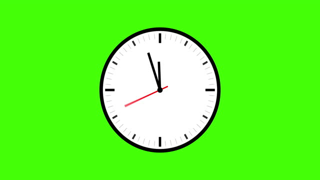 Animation time lapse of a clock. Extreme slow down of the clock hands in the last minutes before 12. Time pointer ticks in the last 5 minute. Concept Wall clock on green background for keying and text