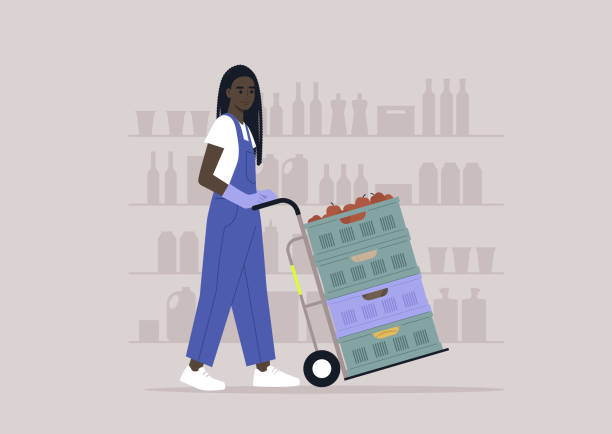 A young character in denim overalls pushing a cart with a stack of crates, supermarket jobs A young character in denim overalls pushing a cart with a stack of crates, supermarket jobs merchandiser stock illustrations