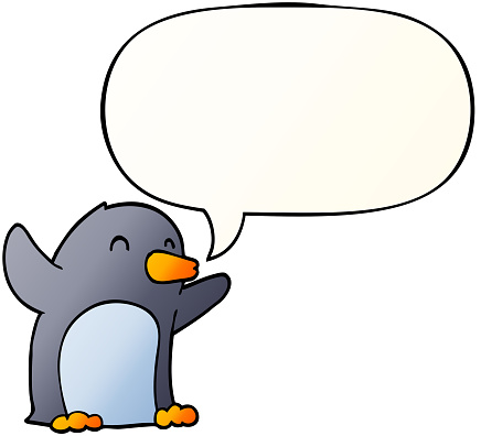 cartoon excited penguin with speech bubble in smooth gradient style