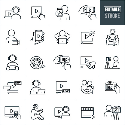 A set of video icons that include editable strokes or outlines using the EPS vector file. The icons include a person wearing headphones watching a video on a laptop, hand cursor pushing the play button on a video playhead, person holding out a smartphone with a video playhead on the screen, hands holding a smartphone with video on screen, person with a video camera to represent shooting video, hand holding a mobile device with video on the screen, person relaxing with hands behind head watching video on his laptop, video repeat, person sitting in an armchair wearing headphones and watching a video on his tablet PC, person wearing headphones watching a video on smartphone, film reel, hands holding and using a smartphone to record video, video playhead with megaphone, person recording himself to create a video to stream online, online streaming video playhead, person watching movies on laptop, live web streaming, couple watching a movie on smartphone together, DSLR camera being used to record video for posting online, television set with video, person sitting on ground watching video on mobile device, person sitting at desktop computer with headphones on watching a movie, movie clapperboard and a person recording a video themselves to post online.