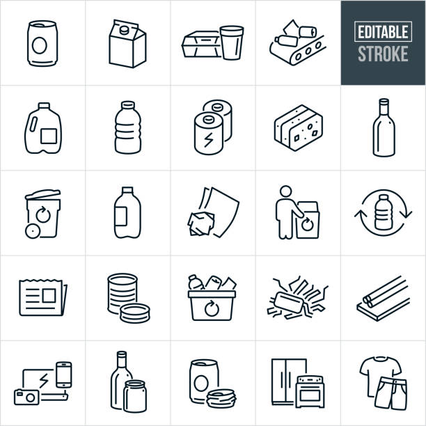Recyclables Thin Line Icons - Editable Stroke - Icons Include Recycling, Aluminum Can, Cardboard, Foam Containers, Plastic, Plastic Water Bottle, Batteries, Glass, Recycle Symbol, Recycle Bin, Scrap Metal, Electronic Devices A set of recyclables icons that include editable strokes or outlines using the EPS vector file. The icons include an aluminum soda can, cardboard paper container, foam containers and cup, recyclables on conveyor belt to be recycled, plastic milk jug, plastic water bottle, batteries, compacted recyclables, glass bottle, garbage can with recycle symbol, plastic soda bottle, paper, person pointing to recycle bine, plastic water bottle with recycle symbol, newspaper, tin cans, recycle bin filled with recyclables, scrap metal for recycling, metals, consumer electronics for recycling, glass bottles, smashed aluminum pop can and kitchen appliances. recycled material stock illustrations