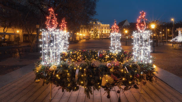 4 christmas candles on the square in Bratislava stock photo