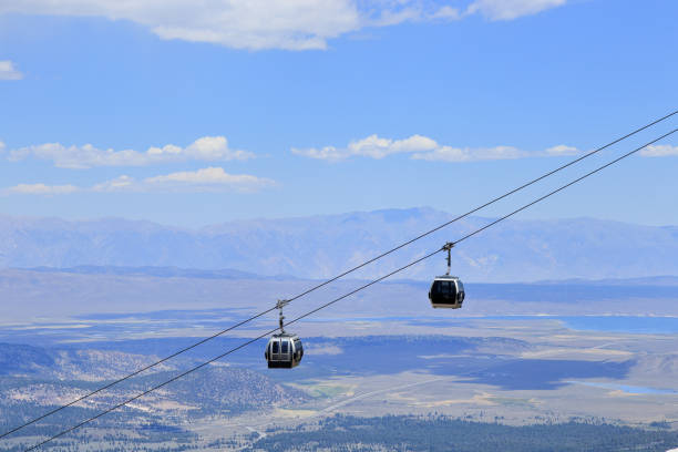 Gondolas to the top of Mammoth mountain in Mammoth Lakes, California stock photo