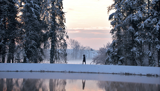 Morning sunshine lighting the pathway of a lonely person walking alongside the river during winter