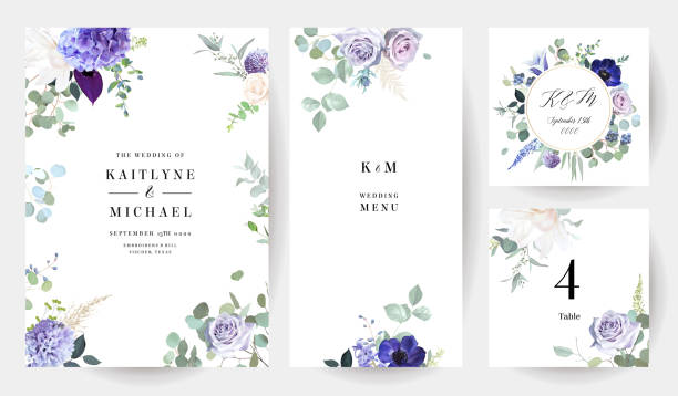 Pale purple rose, dusty mauve and lilac hyacinth, violet anemone, lavender, white magnolia Pale purple rose, dusty mauve and lilac hyacinth, violet anemone, lavender, white magnolia, campanula, eucalyptus vector design frames. Wedding flower round cards. Elements are isolated and editable floral menu card stock illustrations