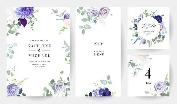 Vector illustration of Pale purple rose, dusty mauve and lilac hyacinth, violet anemone, lavender, white magnolia