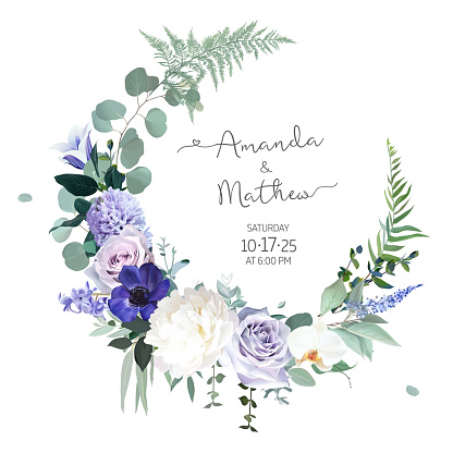 Pale purple rose, dusty mauve and lilac hyacinth, violet anemone, lavender, white peony, orchid, eucalyptus vector design frame. Stylish wedding flower round card. Elements are isolated and editable