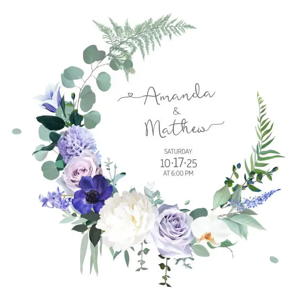 Vector illustration of Pale purple rose, dusty mauve and lilac hyacinth, violet anemone, lavender, white peony, orchid