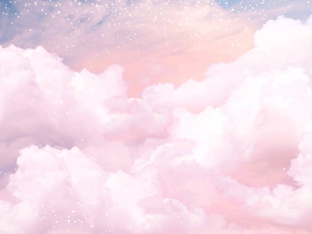 Sugar cotton pink clouds vector design background Sugar cotton pink clouds vector design background. Glamour fairytale backdrop. Plane sky view with stars and sunset. Watercolor style texture. Delicate card. Elegant decoration. Fantasy pastel color clouds background stock illustrations