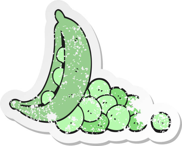 retro distressed aufkleber eines cartoon erbsen in schote - green pea pea pod vegetable cute stock-grafiken, -clipart, -cartoons und -symbole