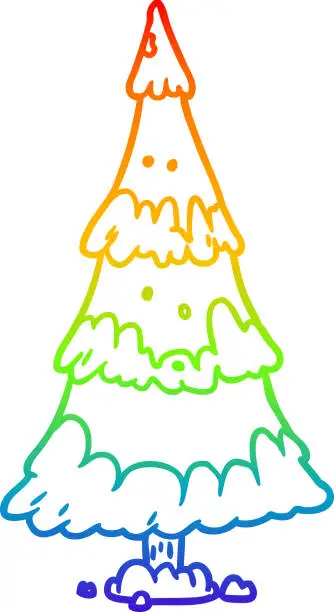 Vector illustration of rainbow gradient line drawing of a snowy christmas tree
