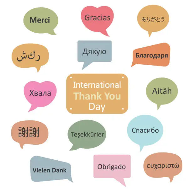 Vector illustration of International thank you day. Speech bubbles with the phrase thank you in different languages.