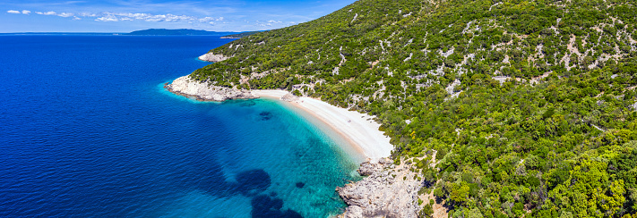 Panoramic view of the beautiful sandy beach in Lubenice, Island of Cres, Croatia