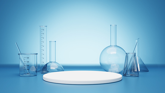 Product display podium and set of laboratory glassware. 3D rendering. 3d illustration.