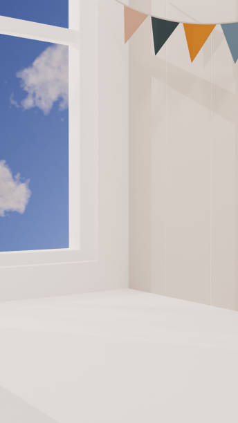 istock Beige room corner with window and banner. Blue sky outside. 3D rendering. 3d illustration. 1454666701
