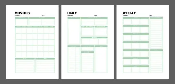 Vector illustration of Set of minimalist planners. Daily, weekly, monthly planner template. Blank white notebook page isolated on grey. Business organizer page.  Blank printable vertical notebook page