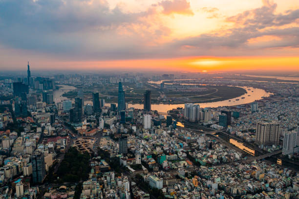 istock Ho Chi Minh Aerial view at sunrise with Saigon River 1454671650