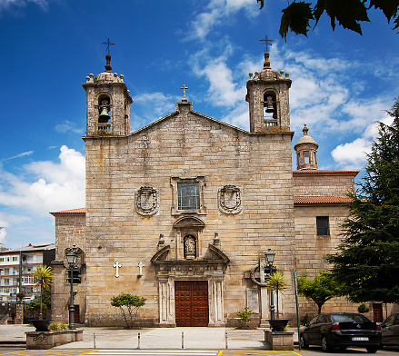 Santa Eulalia church facade ,  town square and garden  in Vilagarcía de Arousa, Pontevedra province, Rías Baixas,  Galicia, Spain