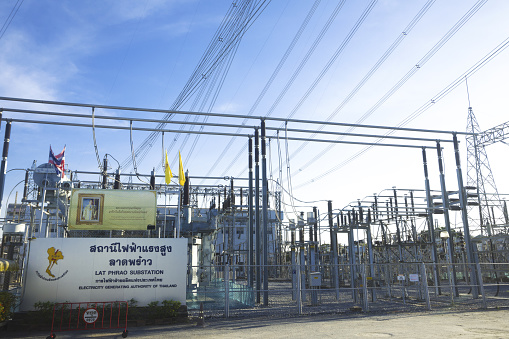 Electricity substation and generators  Bangkok Ladprao with thai flags and image of King Bhumipol