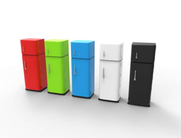istock 3D rendering of colorful refrigerators isolated on white background 1454675372