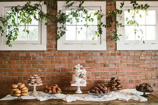A cake and dessert table at a wedding