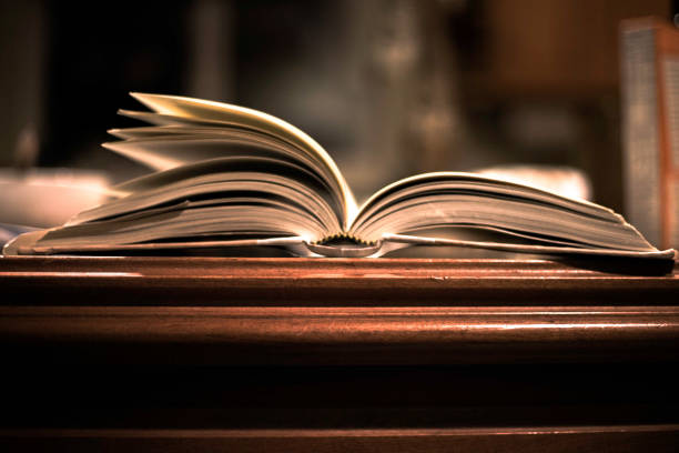 istock Closeup of an Open book pages on bokeh blurred background 1454679499