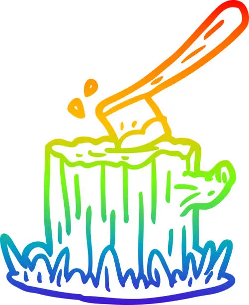 Vector illustration of rainbow gradient line drawing of a axe stuck in tree stump