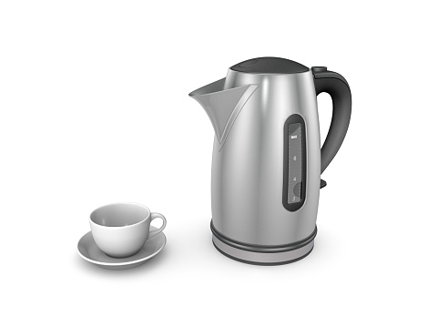 Stainless electric kettle and cup isolated on white