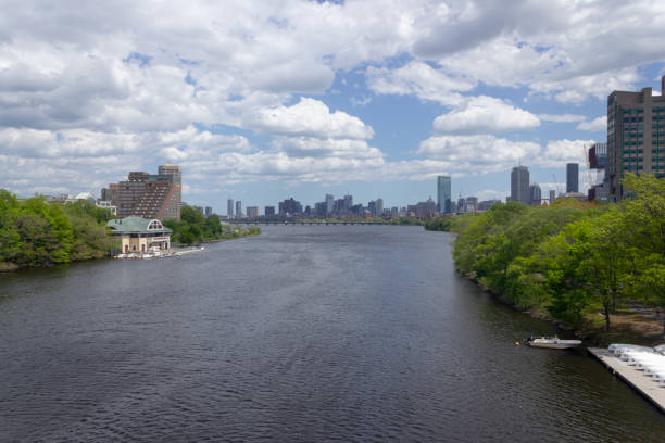 Boston city is viewed from the Boston University Bridge. Charles River.