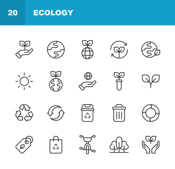 Vector illustration of Ecology Line Icons. Editable Stroke. Pixel Perfect. For Mobile and Web. Contains such icons as Agriculture, Charity, Climate, Donation, Earth, Electric Vehicle, Energy, Environment, Flower, Global Warming, Leaf, Nature, Plant, Recycling, Solar Energy.