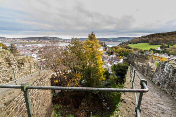 istock Conwy Town Walls, turn in wall walk, wide angle. 1454686740