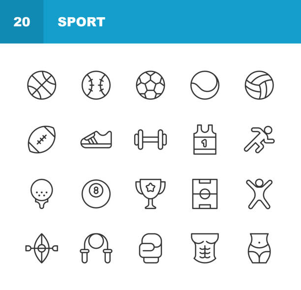 illustrations, cliparts, dessins animés et icônes de icônes sport line. contour modifiable. pixel parfait. pour mobile et web. contient des icônes telles que athlète, basketball, vélo, musculation, boxe, fitness, football, golf, gymnase, randonnée, kayak, jeux olympiques, piscine, course, course, footba - baseballs ball sport gym