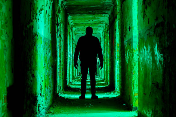 istock Man in silhouette walking through the creepy hallway with a bright light beaming from the rooms, green toned version 1454688378