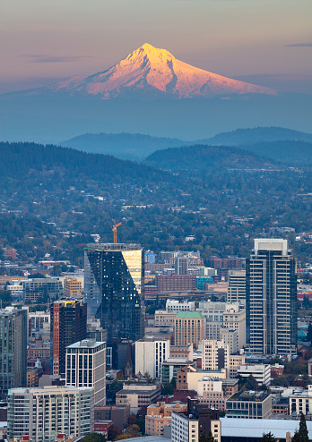 Alpenglow on a snowcapped Mt Hood viewed from the west hills of Portland.