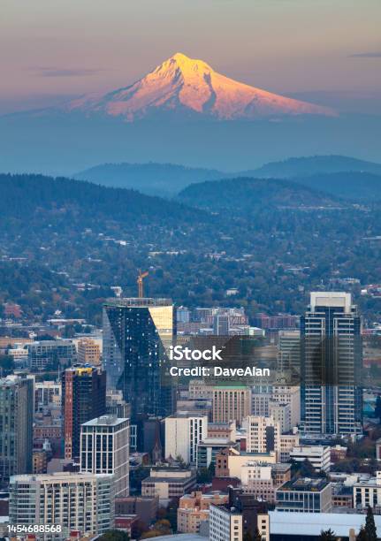 Alpenglow Mt Hood Portland Stock Photo - Download Image Now - Portland - Oregon, Urban Skyline, Mt Hood