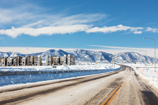 A freshly plowed road after an overnight storm in Broomfield, Colorado.