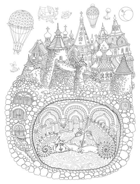 illustrations, cliparts, dessins animés et icônes de conte de fées souterrain dragon appartement troglodyte dans la vieille ville médiévale. page du livre de coloriage adultes en noir et blanc - picture book fairy tale castle dragon