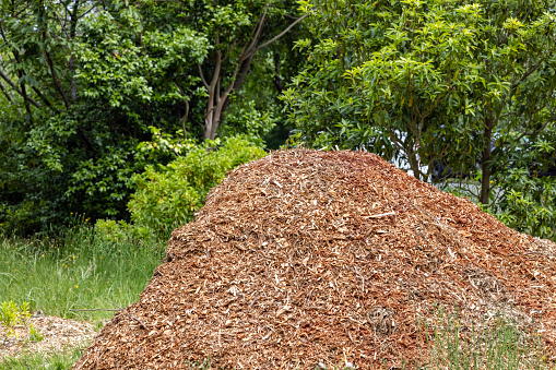 Pile of mulch in the garden, background with copy space, full frame horizontal composition