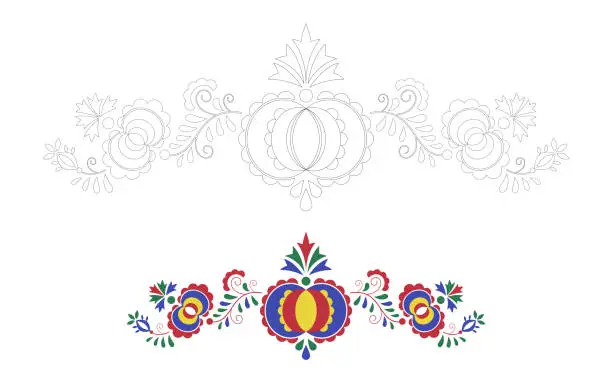Vector illustration of Traditional folk ornament. Floral embroidery Czech pattern. Coloring pages with a colour template. Moravian, Slovak and Hungarian symbol. Vector illustration