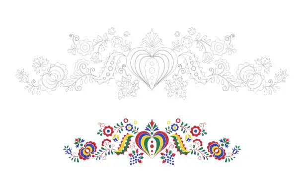 Vector illustration of Traditional folk ornament. Floral embroidery Czech pattern. Coloring pages with a colour template. Moravian, Slovak and Hungarian symbol. Vector illustration