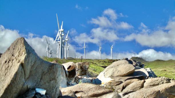 twenty-two turbines turn tirelessly with a blue sky backdrop on the island of maui, hawai'i. stock photo