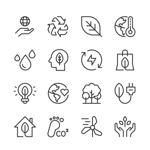 Ecology Icons — Monoline Series Vector line icon set appropriate for web and print applications. Designed in 48 x 48 pixel square with 2px editable stroke. Pixel perfect. sustainable business stock illustrations