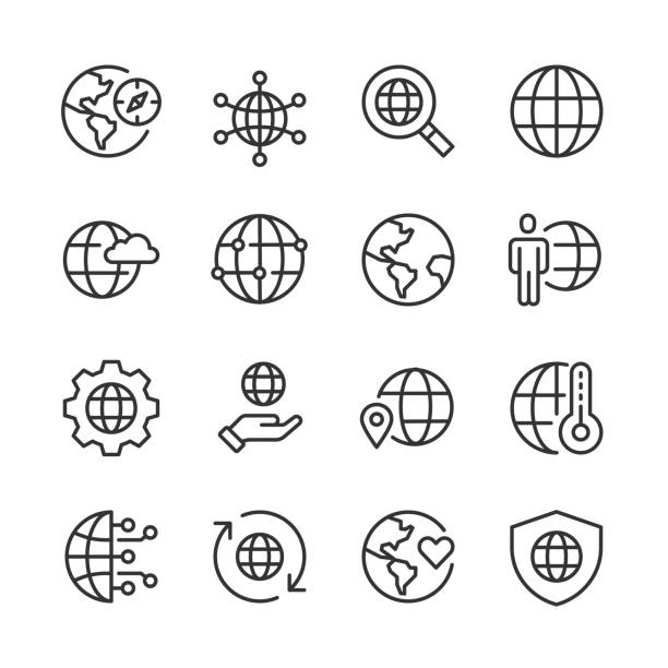 Globe Icons — Monoline Series Vector line icon set appropriate for web and print applications. Designed in 48 x 48 pixel square with 2px editable stroke. Pixel perfect. vector symbol planet earth stock illustrations